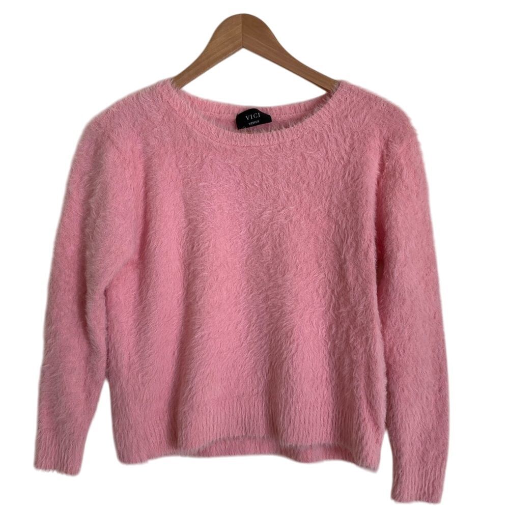 Vivi Womens‎ Eyelash Fuzzy Crop Sweater Pink Size M Long Sleeve Barbie